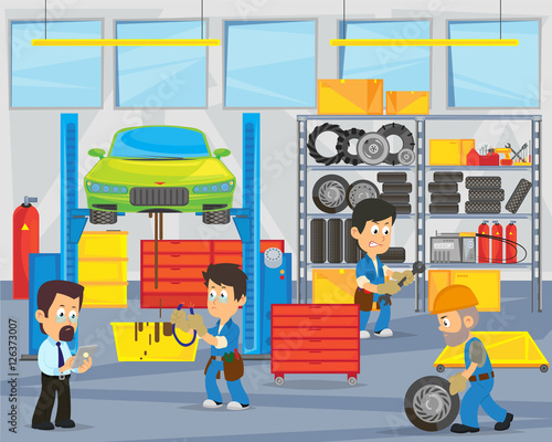 mechanics repairing car in garage. interior garage.