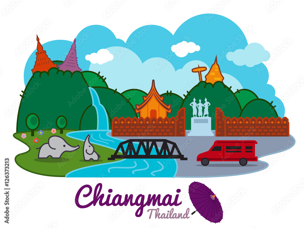 Naklejka premium Chiangmai city of thailand - cartoon landmark traval location vector design
