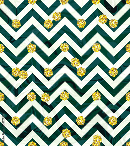 Trendy gold glitter seamless polka dot pattern. Great texture with golden dots on chevron emerald green and white background, can be used in web, textile or interior design.
