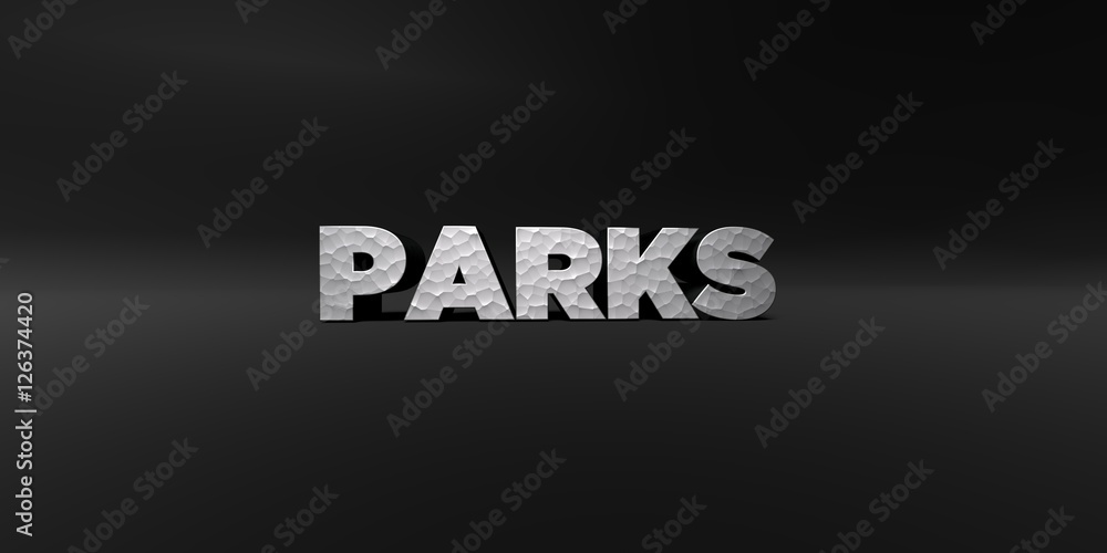 PARKS - hammered metal finish text on black studio - 3D rendered royalty free stock photo. This image can be used for an online website banner ad or a print postcard. PARKS - hammered metal finish text on black studio - 3D rendered royalty free stock photo. This image can be used for an online website banner ad or a print postcard.