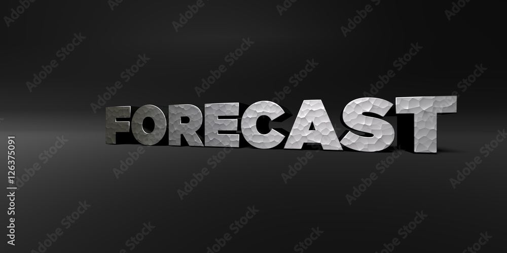 FORECAST - hammered metal finish text on black studio - 3D rendered royalty free stock photo. This image can be used for an online website banner ad or a print postcard. FORECAST - hammered metal finish text on black studio - 3D rendered royalty free stock photo. This image can be used for an online website banner ad or a print postcard.