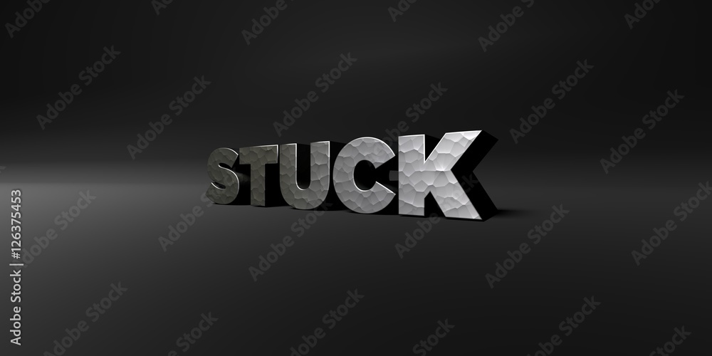 STUCK - hammered metal finish text on black studio - 3D rendered royalty free stock photo. This image can be used for an online website banner ad or a print postcard. STUCK - hammered metal finish text on black studio - 3D rendered royalty free stock photo. This image can be used for an online website banner ad or a print postcard.