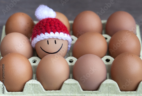 Smiling egg wearing a knitted Santa's hat souronded by blank brown eggs.