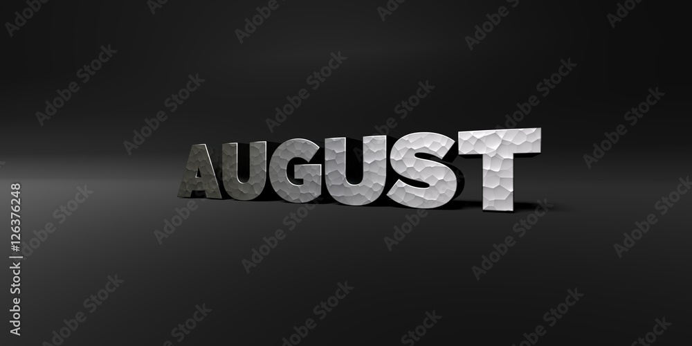 AUGUST - hammered metal finish text on black studio - 3D rendered royalty free stock photo. This image can be used for an online website banner ad or a print postcard. AUGUST - hammered metal finish text on black studio - 3D rendered royalty free stock photo. This image can be used for an online website banner ad or a print postcard.