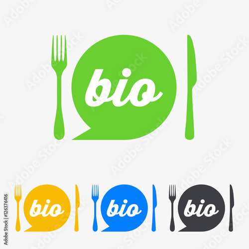 Icono plano bio con cubiertos verde en varios colores
