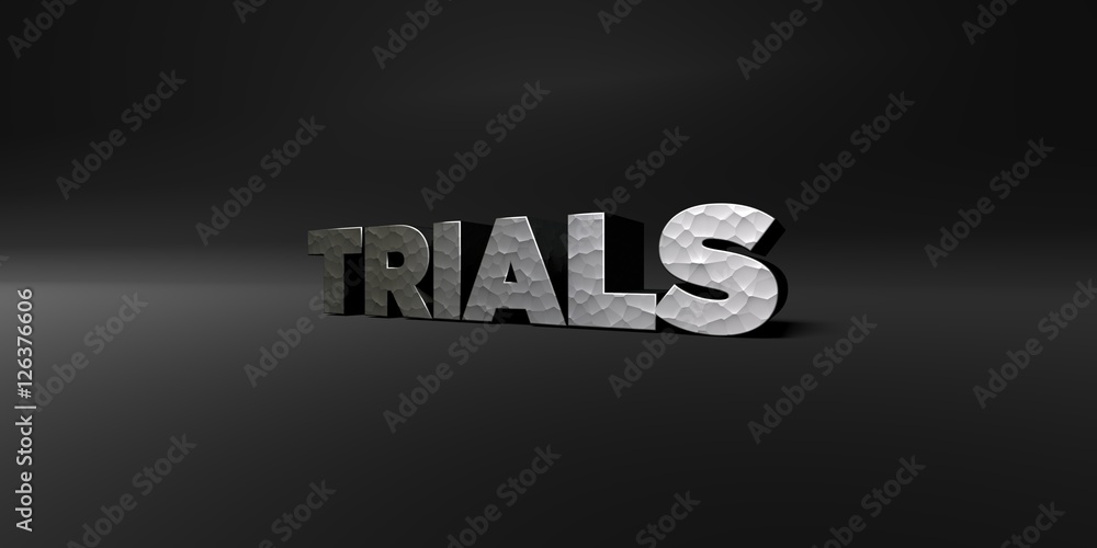 TRIALS - hammered metal finish text on black studio - 3D rendered royalty free stock photo. This image can be used for an online website banner ad or a print postcard. TRIALS - hammered metal finish text on black studio - 3D rendered royalty free stock photo. This image can be used for an online website banner ad or a print postcard.