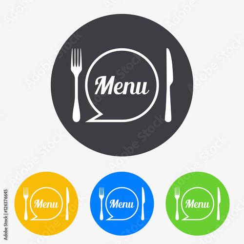 Icono plano menu con cubiertos en circulo varios colores