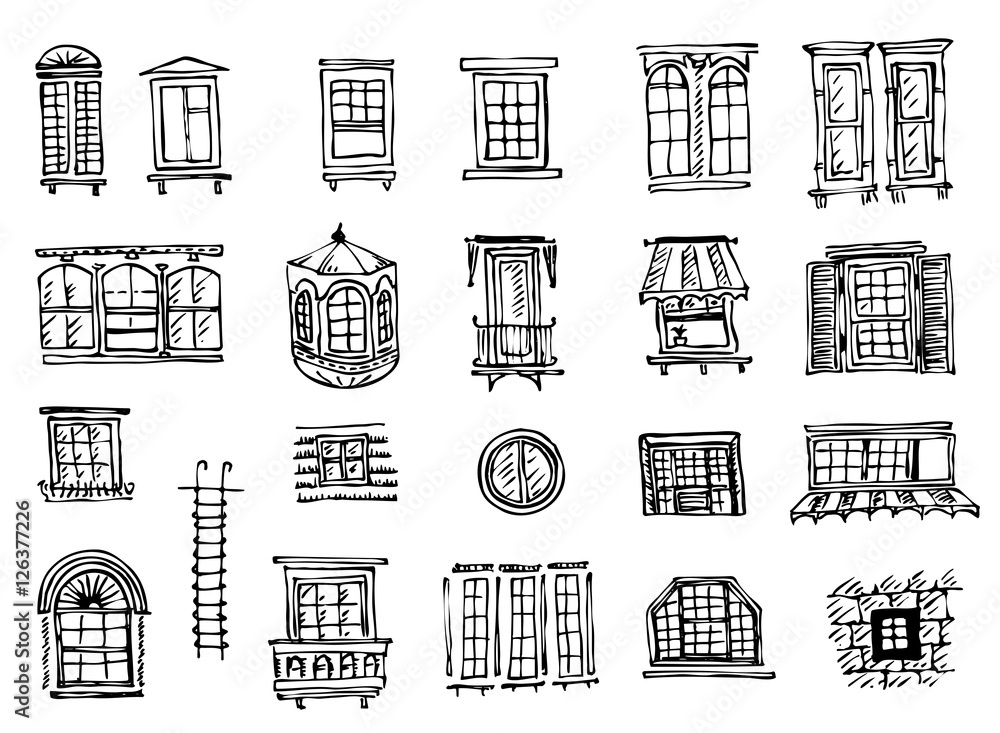 plurality of contours of classical window frames and windows