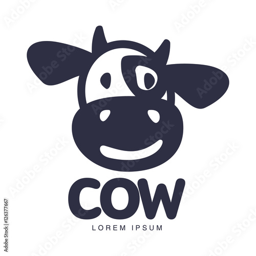 Funny cow head logo template, cartoon vector illustration on white background. Cute, smiling, funny front view cow head for dairy, beef, farm products logo design