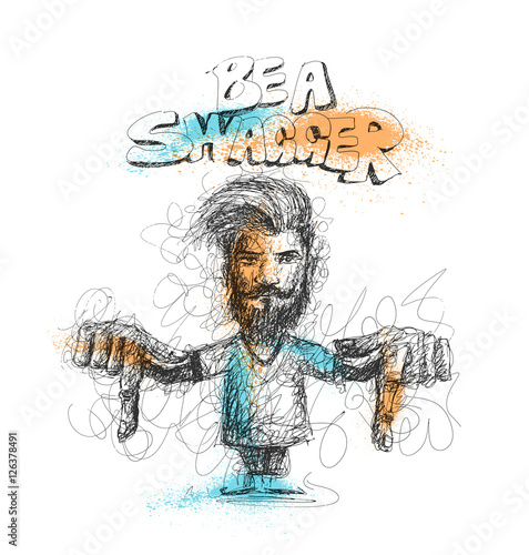 Modern Be a Swagger, calligraphy. Handwritten phrase. Hipster Swag Style, Hand Sketchy line art stylish men showing her finger down. vector illustration.