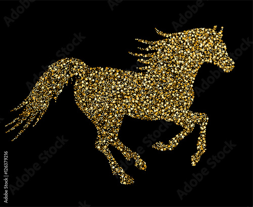 Vector beautiful running horse silhouette golden glitter particl