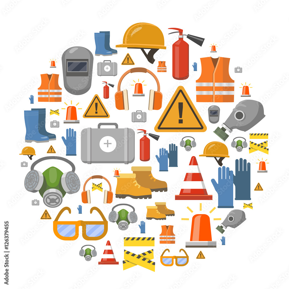 Obraz premium Safety work flat vector icons round background