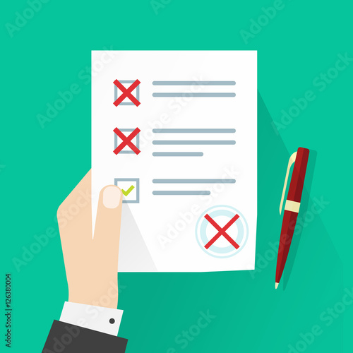 Student holding exam paper form with failed assessment vector illustration, pupil hand with incorrect answers survey, bad mark of test results, concept of unsuccessful report, mistakes