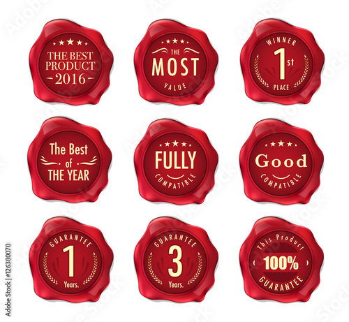 Set of wax stamp. Stamp on Red Wax Seal Isolated on White. Busin