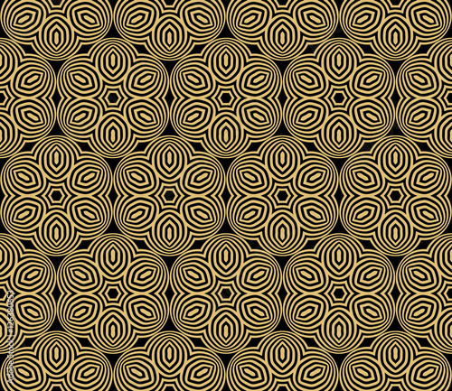 Gold color geometry seamless pattern. Abstract line, shape. Vector illustration. Black background. For design, interior, wallpaper