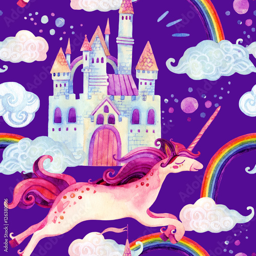 Watercolor unicorn and castle seamless pattern