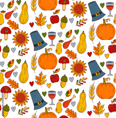 Thanksgiving day doodles seamless vector pattern colorful cute harvest symbols and pilgrim hat