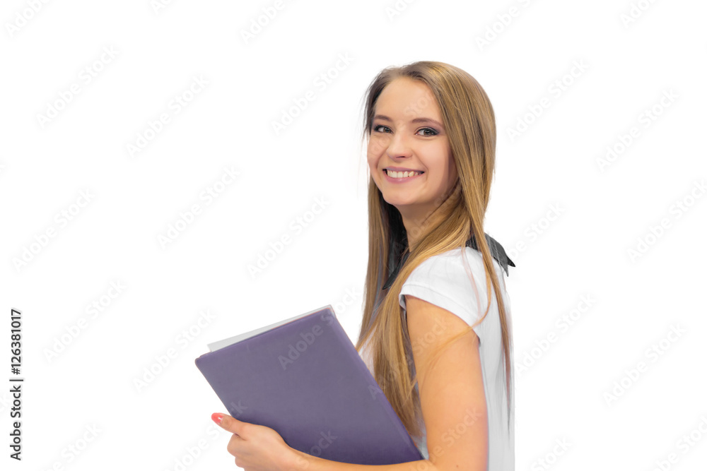 Business woman portrait. A with folder in hands on white background Business woman portrait. A with folder in hands on white background