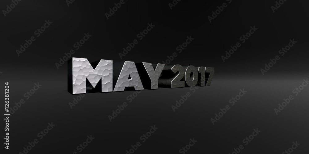 MAY 2017 - hammered metal finish text on black studio - 3D rendered royalty free stock photo. This image can be used for an online website banner ad or a print postcard.
