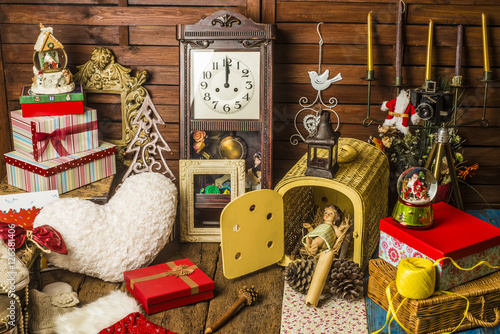  Jesus child surrounded by vintage Christmas objects photo