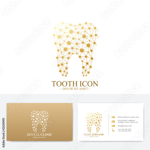 Premium Business Card Print Template. Visiting Dental Clinic Card with Tooth Logo. Dentist Office Oral Care. Dental Implants. Medical Design Golden Tooth Logo.