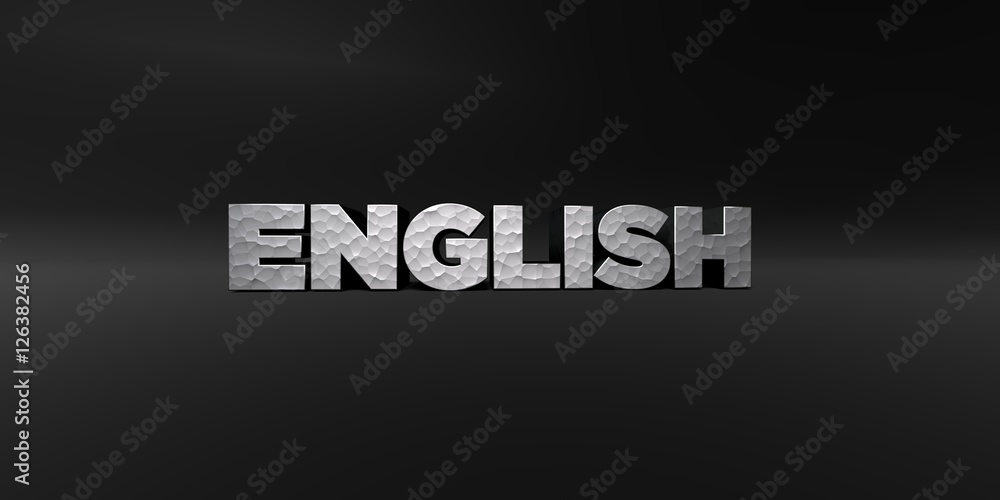 ENGLISH - hammered metal finish text on black studio - 3D rendered royalty free stock photo. This image can be used for an online website banner ad or a print postcard.
