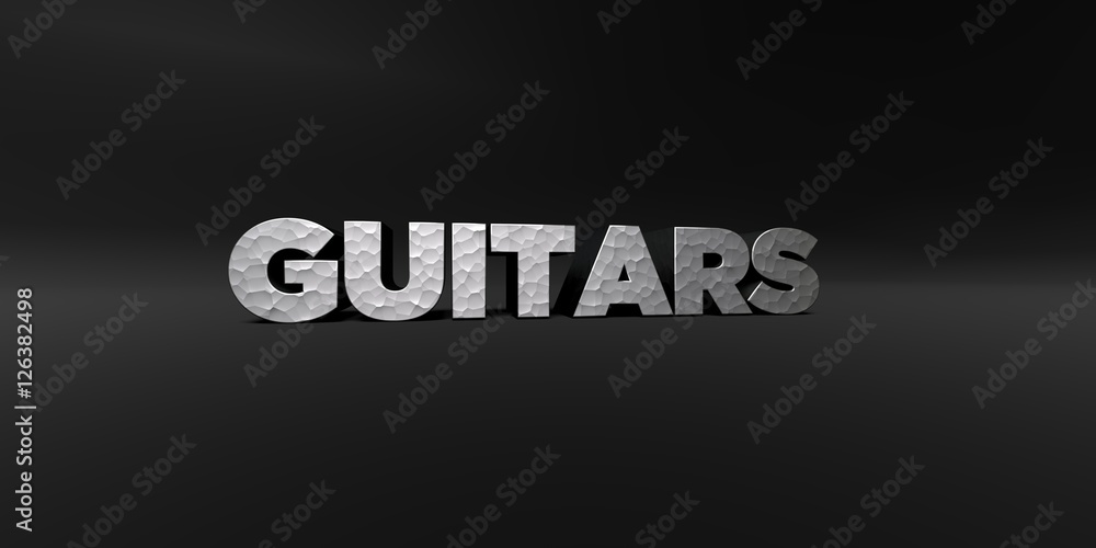 GUITARS - hammered metal finish text on black studio - 3D rendered royalty free stock photo. This image can be used for an online website banner ad or a print postcard.