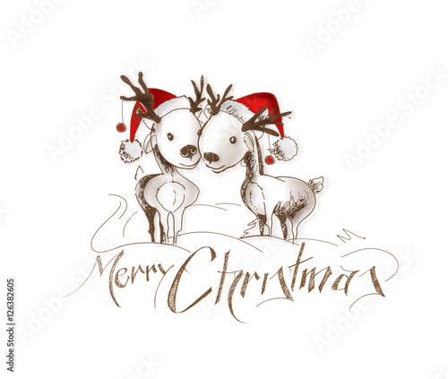 Merry Christmas! Cartoon Style Hand Sketchy drawing of couple of reindeer, vector illustration