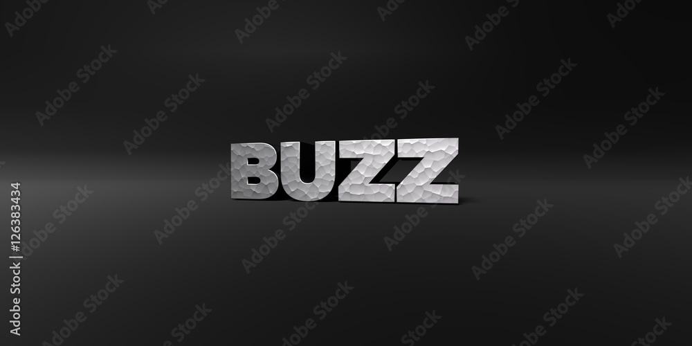 BUZZ - hammered metal finish text on black studio - 3D rendered royalty free stock photo. This image can be used for an online website banner ad or a print postcard.