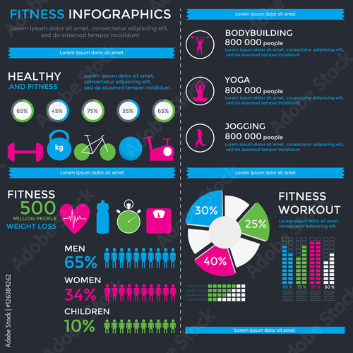 Fitness and wellness infographic template, fitness background, bodybuilding, yoga, healthy eating, sport set, healthy lifestyle infographic concept, training, activity charts. 