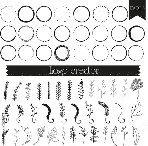 Vintage, hipster handdrawn logo elements with hand drawn circles. Design your own vintage logo. Retro logotype templates. Logo design isolated on background and easy to use. 