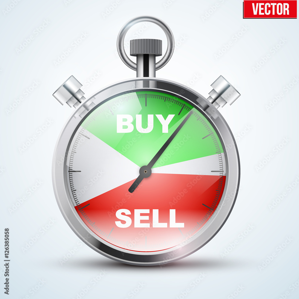 Stopwatch for forex trader. Symbol of Time to trading. Buy or Sell