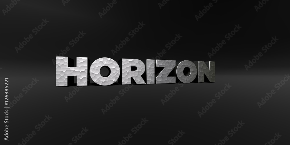 HORIZON - hammered metal finish text on black studio - 3D rendered royalty free stock photo. This image can be used for an online website banner ad or a print postcard. HORIZON - hammered metal finish text on black studio - 3D rendered royalty free stock photo. This image can be used for an online website banner ad or a print postcard.