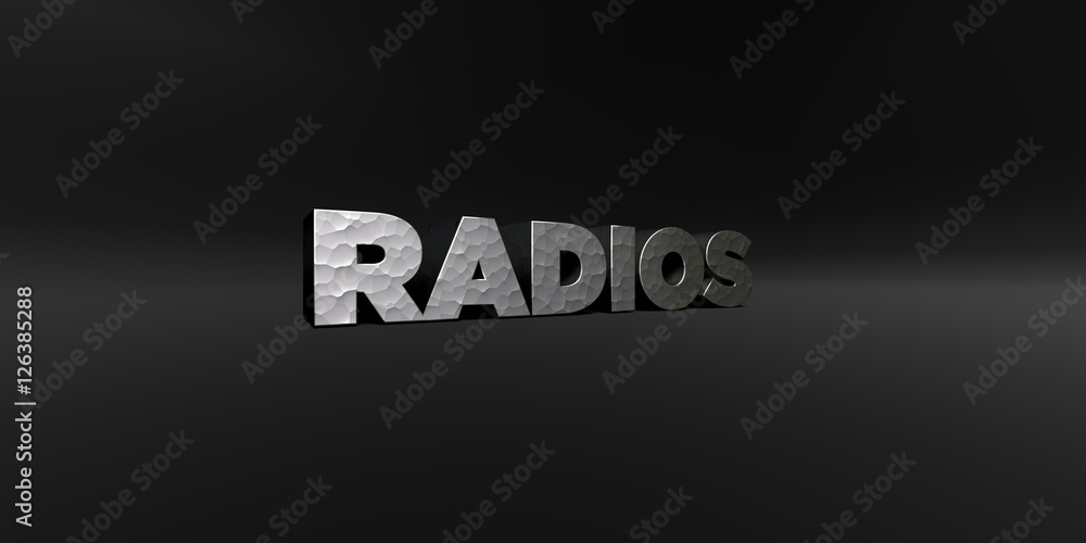 RADIOS - hammered metal finish text on black studio - 3D rendered royalty free stock photo. This image can be used for an online website banner ad or a print postcard.