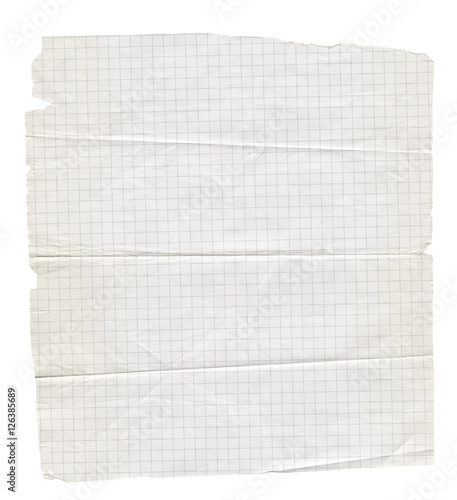 Torn and creased squared copybook sheet of paper isolated on white background