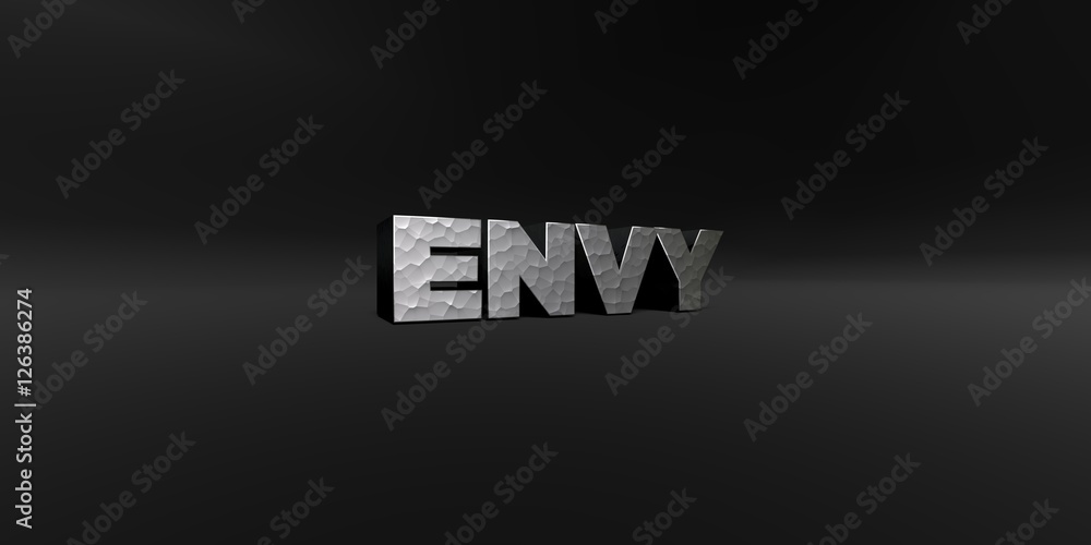 Obraz premium ENVY - hammered metal finish text on black studio - 3D rendered royalty free stock photo. This image can be used for an online website banner ad or a print postcard.