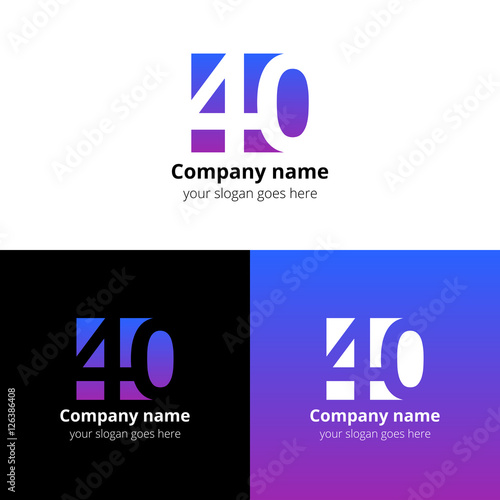 40 logo icon flat and vector design template. Monogram years numbers four and zero. Logotype forty with violet-pink gradient. Creative vision concept logo, elements, sign, symbol for card,