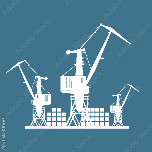 Cargo Cranes and Containers at the Port Isolated on Blue, Containers and Cranes at the Dock, International Freight Transportation, Vector Illustration