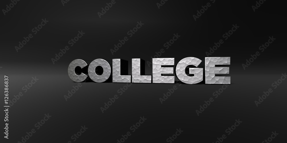 COLLEGE - hammered metal finish text on black studio - 3D rendered royalty free stock photo. This image can be used for an online website banner ad or a print postcard.