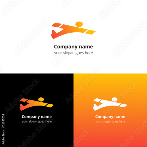 Man ,user ,human in fast fly airplane logo, icon, sign, emblem vector template. Abstract symbol and button with colorful trend gradient for air, fly, flight, aviation, airshow school or service.