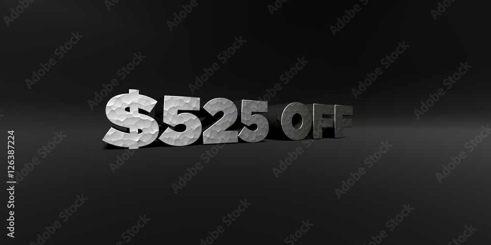 $525 OFF - hammered metal finish text on black studio - 3D rendered royalty free stock photo. This image can be used for an online website banner ad or a print postcard.