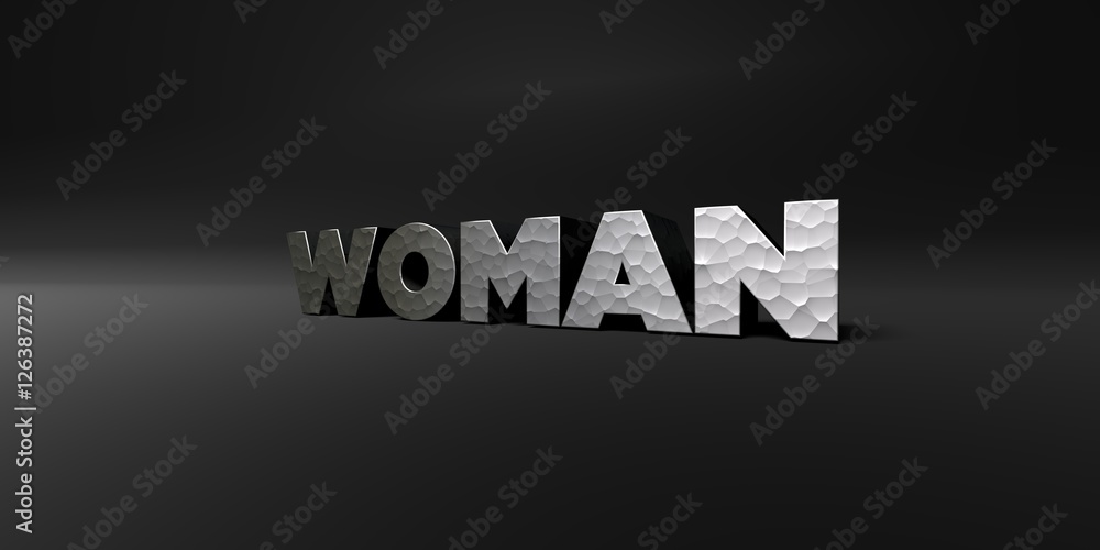 WOMAN - hammered metal finish text on black studio - 3D rendered royalty free stock photo. This image can be used for an online website banner ad or a print postcard.