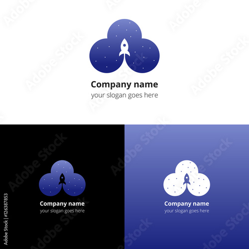 Rocket in space cloud with star motion start logo, icon, sign, emblem vector template. Abstract symbol and button with deep blue color trend gradient for service or company on white background.