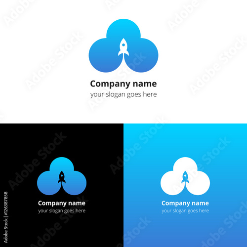 Rocket in space cloud motion start logo, icon, sign, emblem vector template. Abstract symbol and button with light blue color trend gradient for service or company on white background.