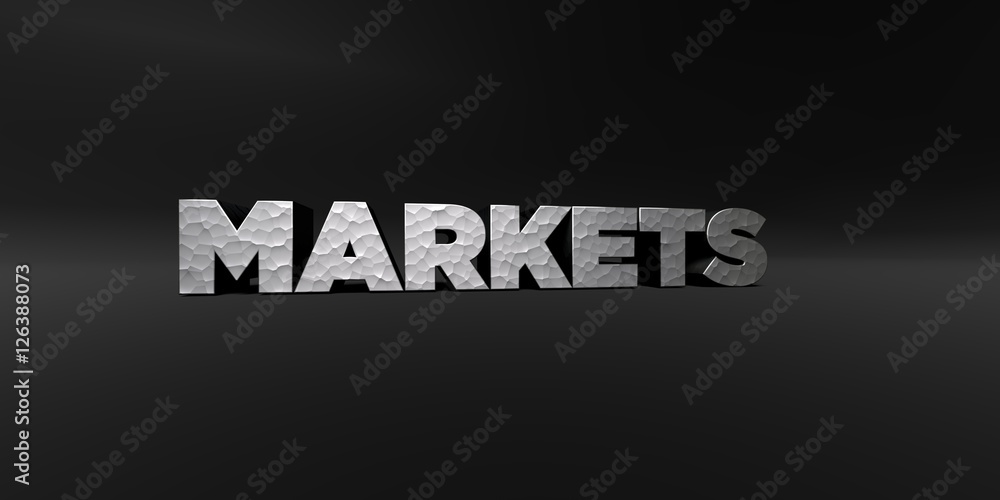 MARKETS - hammered metal finish text on black studio - 3D rendered royalty free stock photo. This image can be used for an online website banner ad or a print postcard. MARKETS - hammered metal finish text on black studio - 3D rendered royalty free stock photo. This image can be used for an online website banner ad or a print postcard.