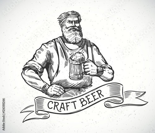 Happy brewer or craftsman's characters holding a mug full of beer, in engraving style.
