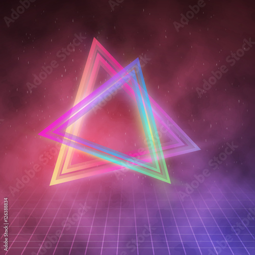 Neon Triangle Disco Poster Template 80s Background. Retro Music 