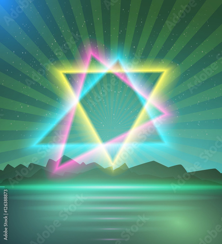 Neon Triangle Disco Poster Template 80s Background. Retro Music 
