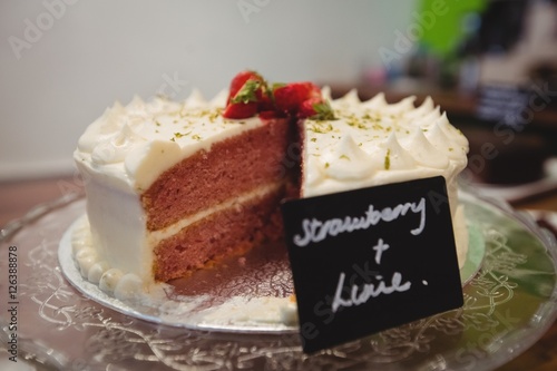  Close-up of strawberry cake on cakestand