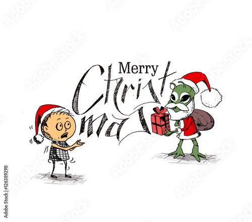 Merry Christmas! Cartoon Style Hand Sketchy drawing of a Little funny Baby Santa with Green Monster Santa holding gift pack, Vector illustration